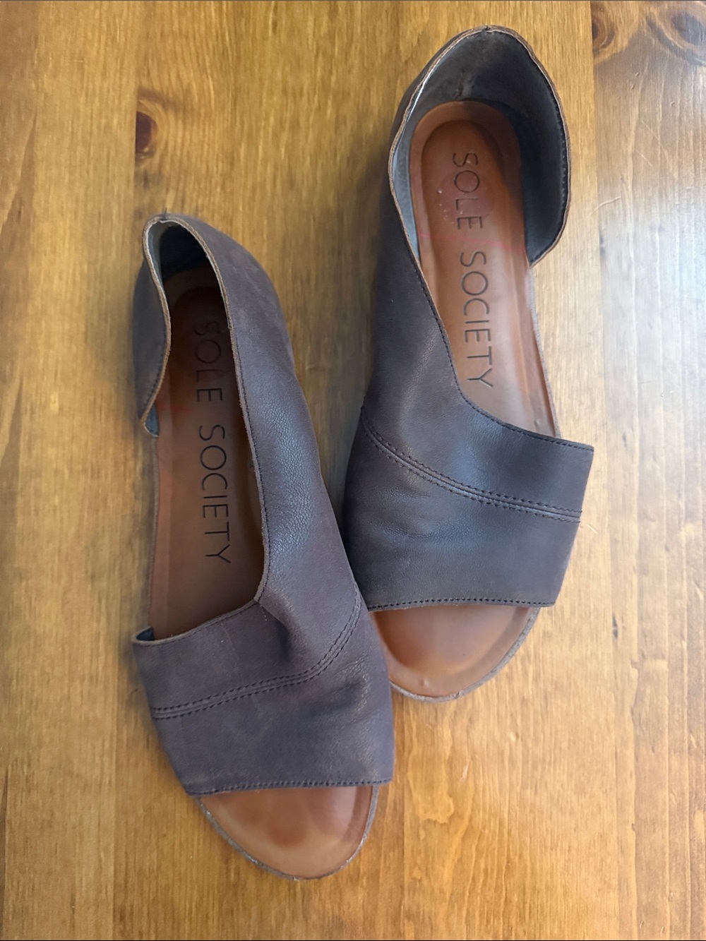 Sole Society Brown Leather D’Orsay Open Toe Flats